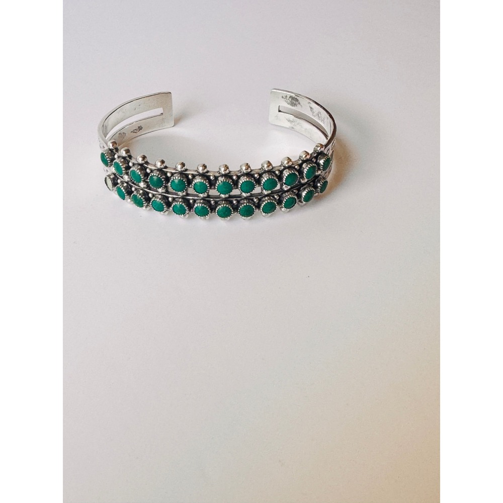 Vintage Sterling Silver Double Row Green Stone Cuff Bracelet Southwestern READ